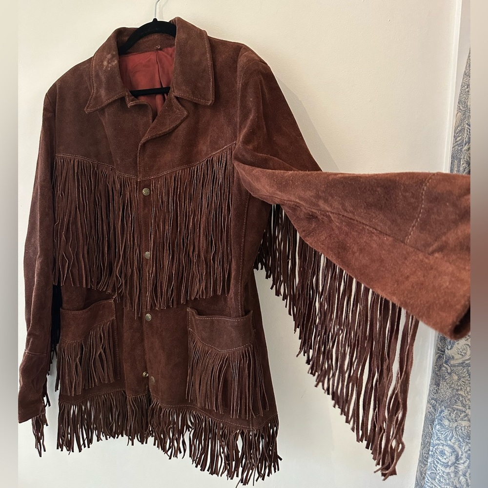 Vintage Genuine Leather Suede Brown Fringe Jacket Made in USA